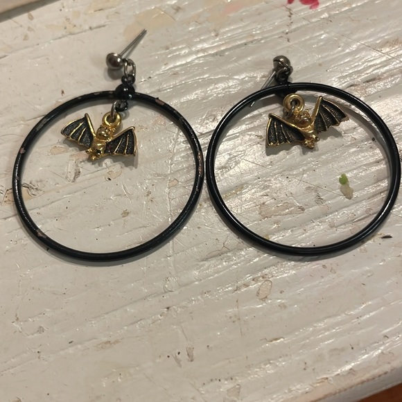 1.75” LeNoir Spoiled Rotten Lilith golden bat open hoop stud earrings - Picture 2 of 10